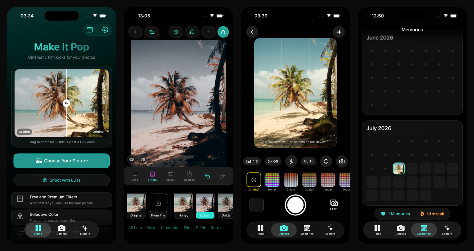 Filmode editor previews with LUT filters applied